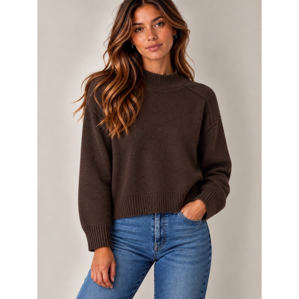 H&M Chocolate Brown Mock Neck Boxy Wool Blend Old Money Sweater, S